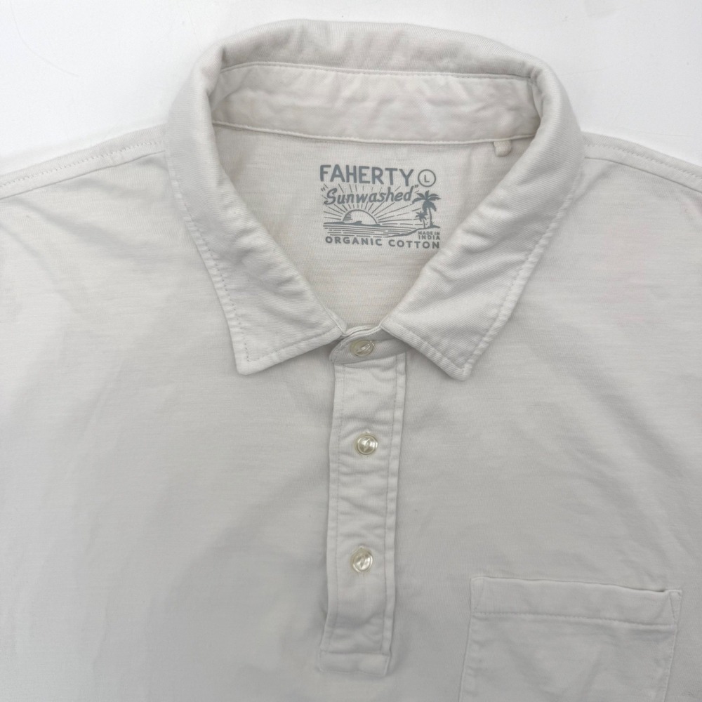 Faherty Polo Shirt Men Large White Sunwashed Organic Cotton Short Sleeve Pocket